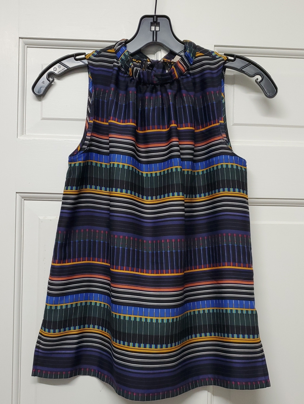 LOFT Navy Multicolor Striped Sleeveless Ruffle Neck Top XXS